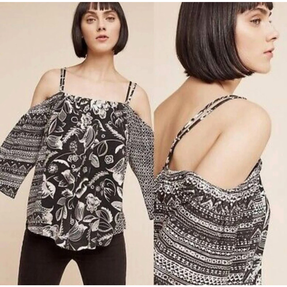 DELETTA Deletta Reeve Open Shoulder Grey Motif Blouse